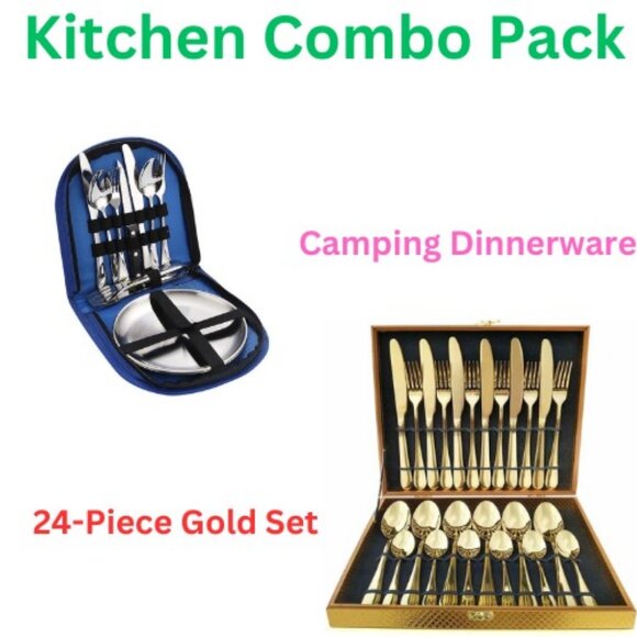 Camping Silverware Dinnerware & 24-Piece Gold Forged Steel FlatwareSet1ComboPack